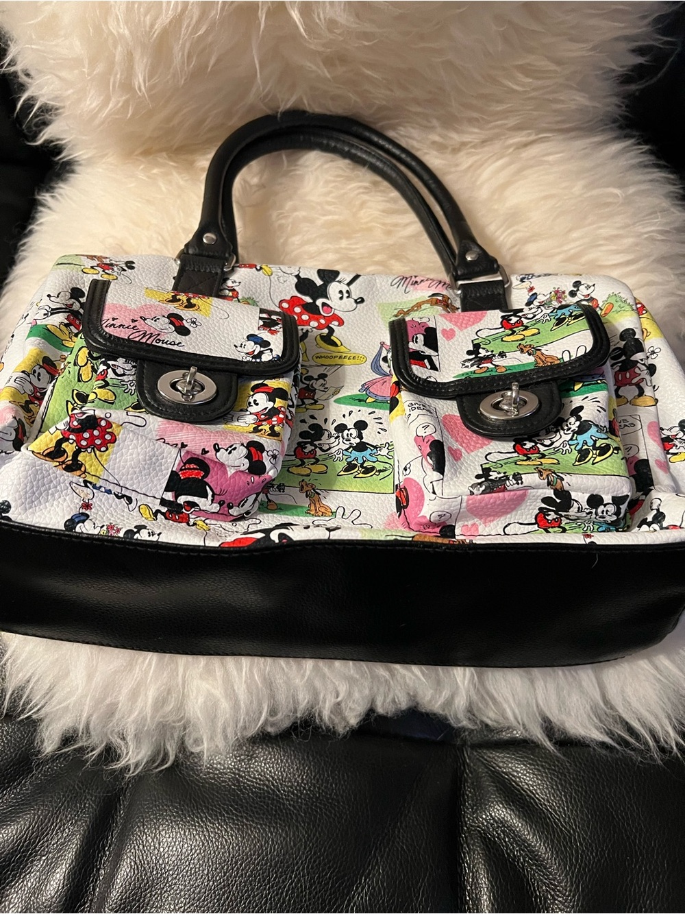 Disney White Multi-Color Minnie & Mickey Satchel with Black Trim